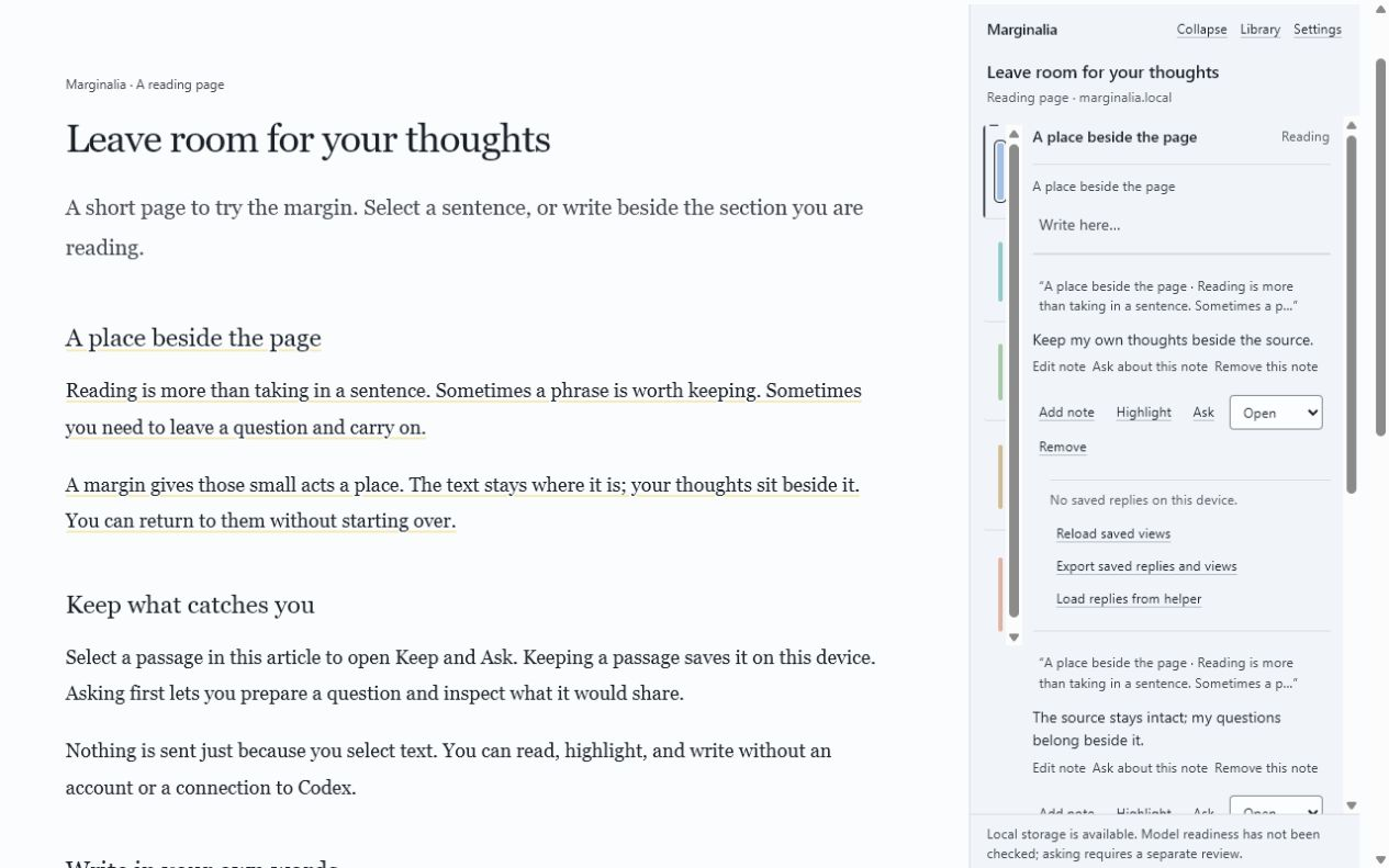 A reading page with the margin open. Two reader notes sit beside the passage they quote.