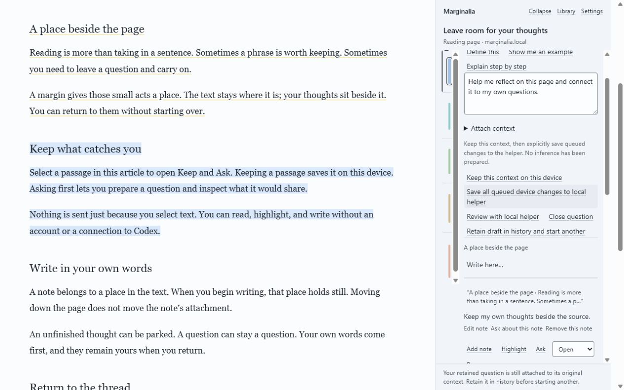 A selected passage with a question drafted in the margin and a Review with local helper control.